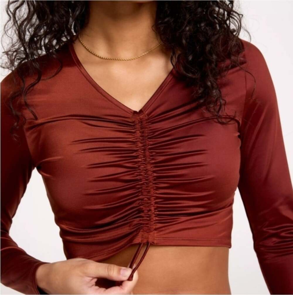 New Calia Rash Guard XXL Long Sleeve Ruched Top Red Brown Womens Swim Shirt D30